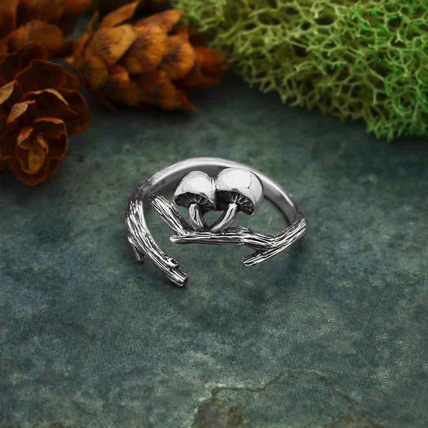 Adjustable Sterling Silver Branch and Mushroom Ring - DIGS