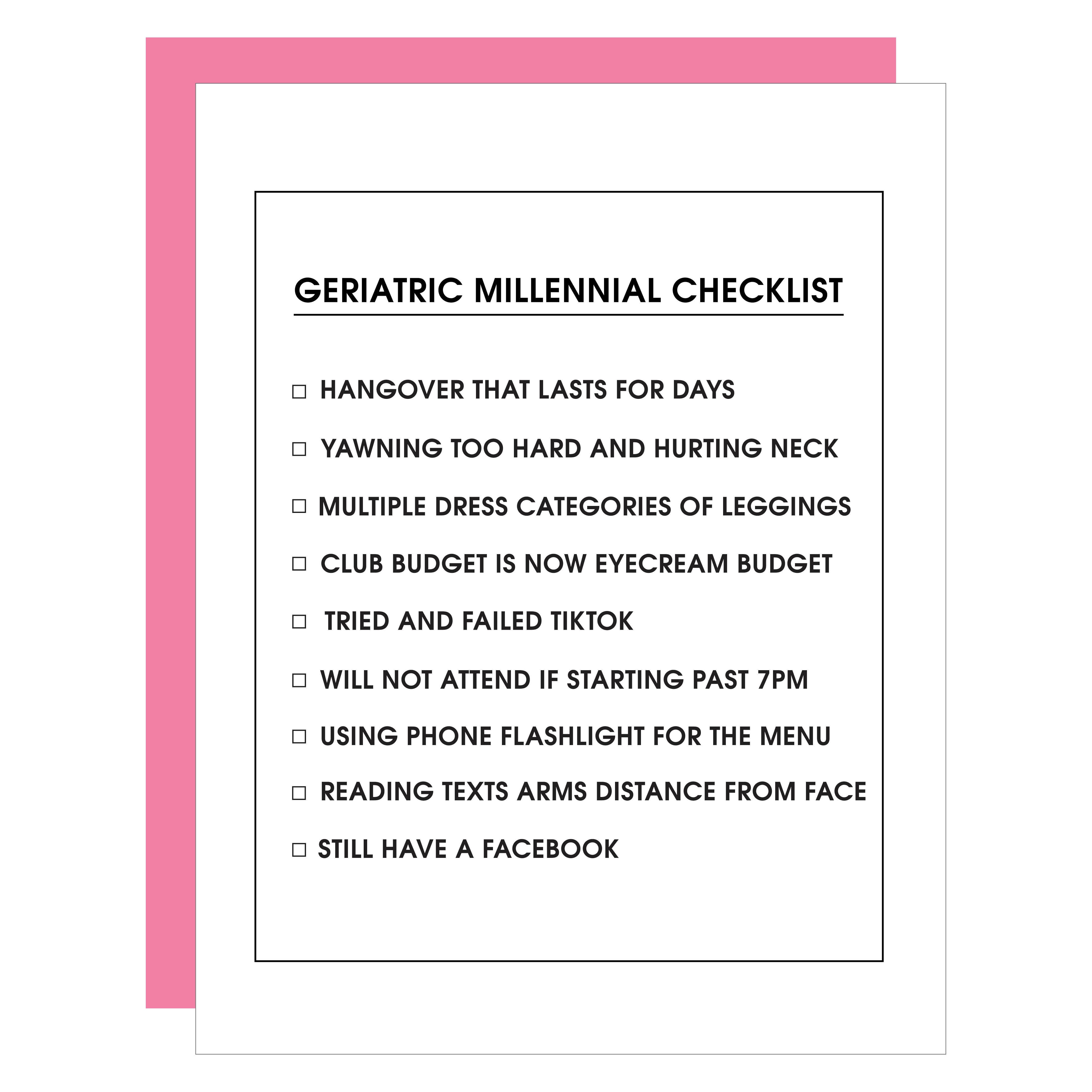 Geriatric Millennial Checklist Card - DIGS