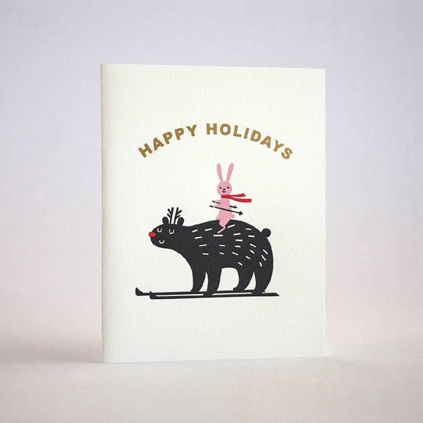 Happy Holidays Bear Bunny Ski Card