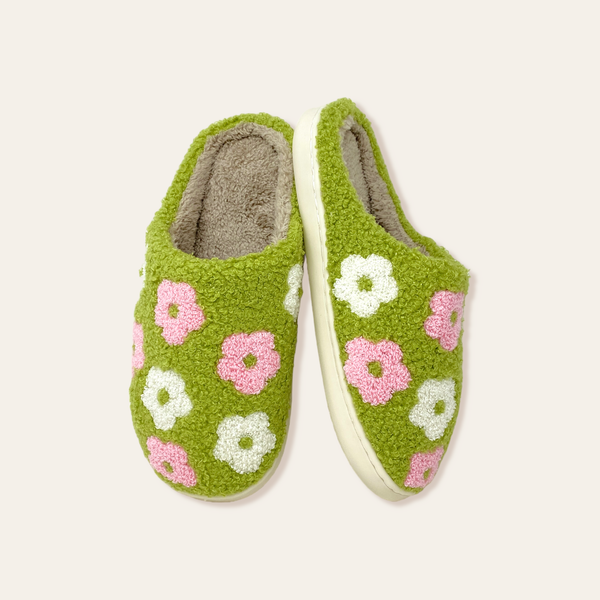 Fuzzy Slippers - Green Flower