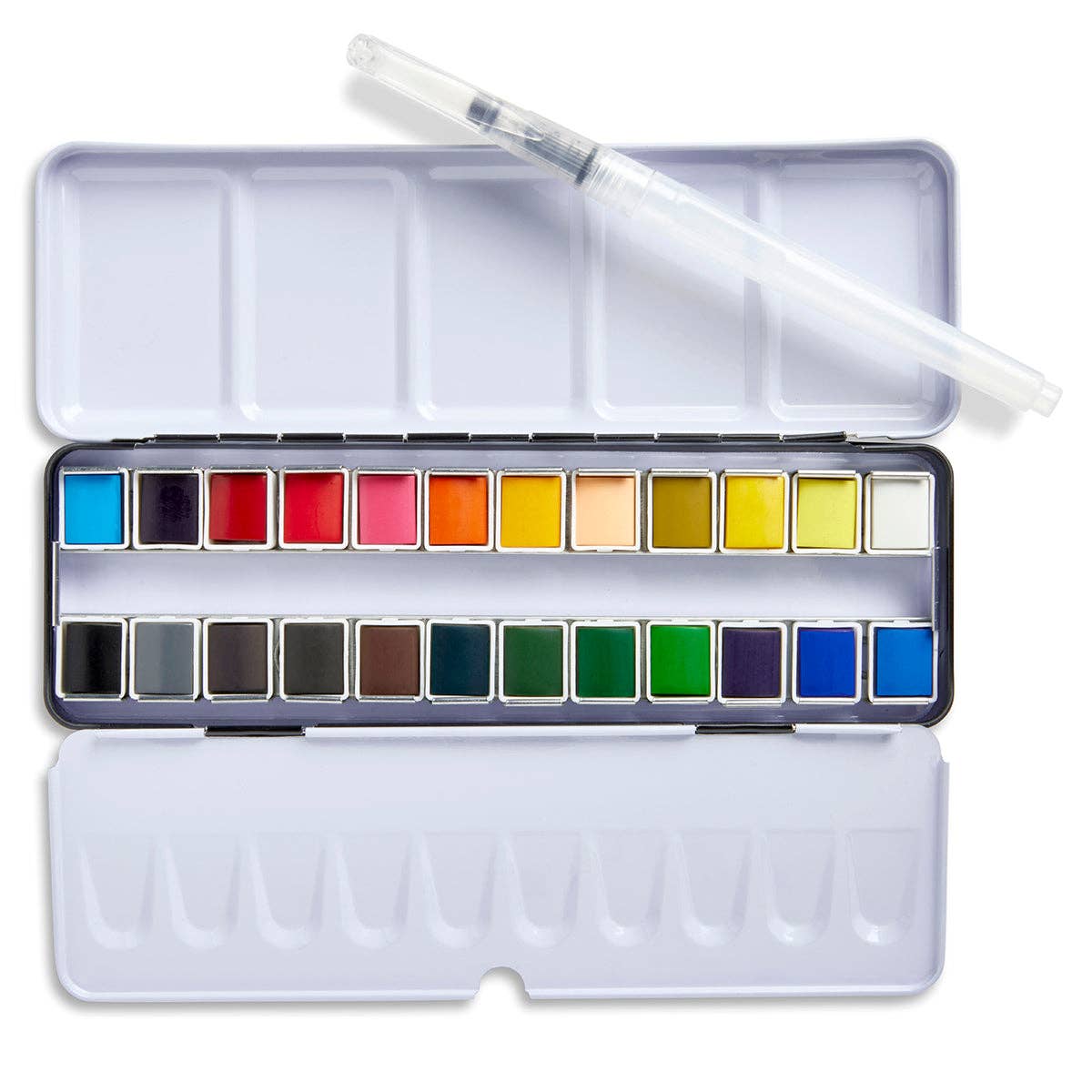 Watercolor Half Pans Tin – 24 Colors & Water Brush