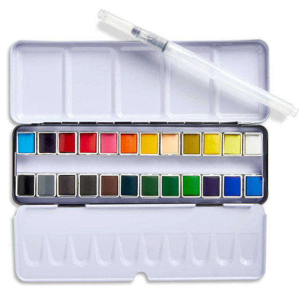 Watercolor Half Pans Tin – 24 Colors & Water Brush