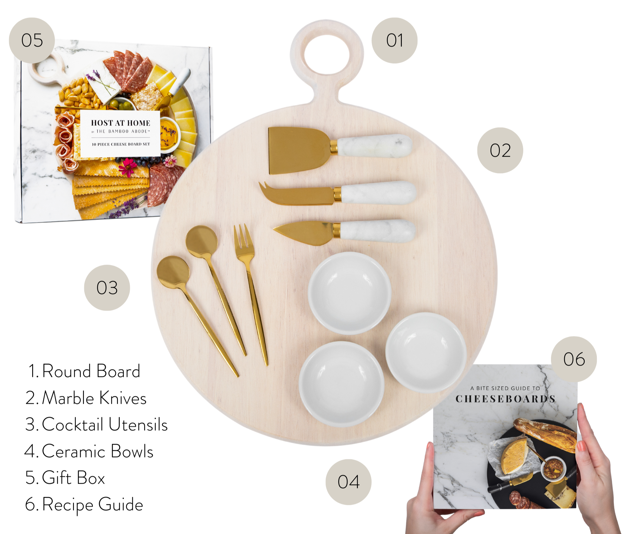 10 Piece Charcuterie Board Gift Set, White-Washed