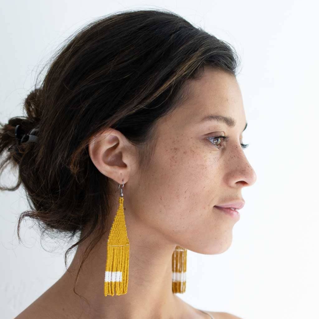 Beaded Fringe Earrings: Mostaza