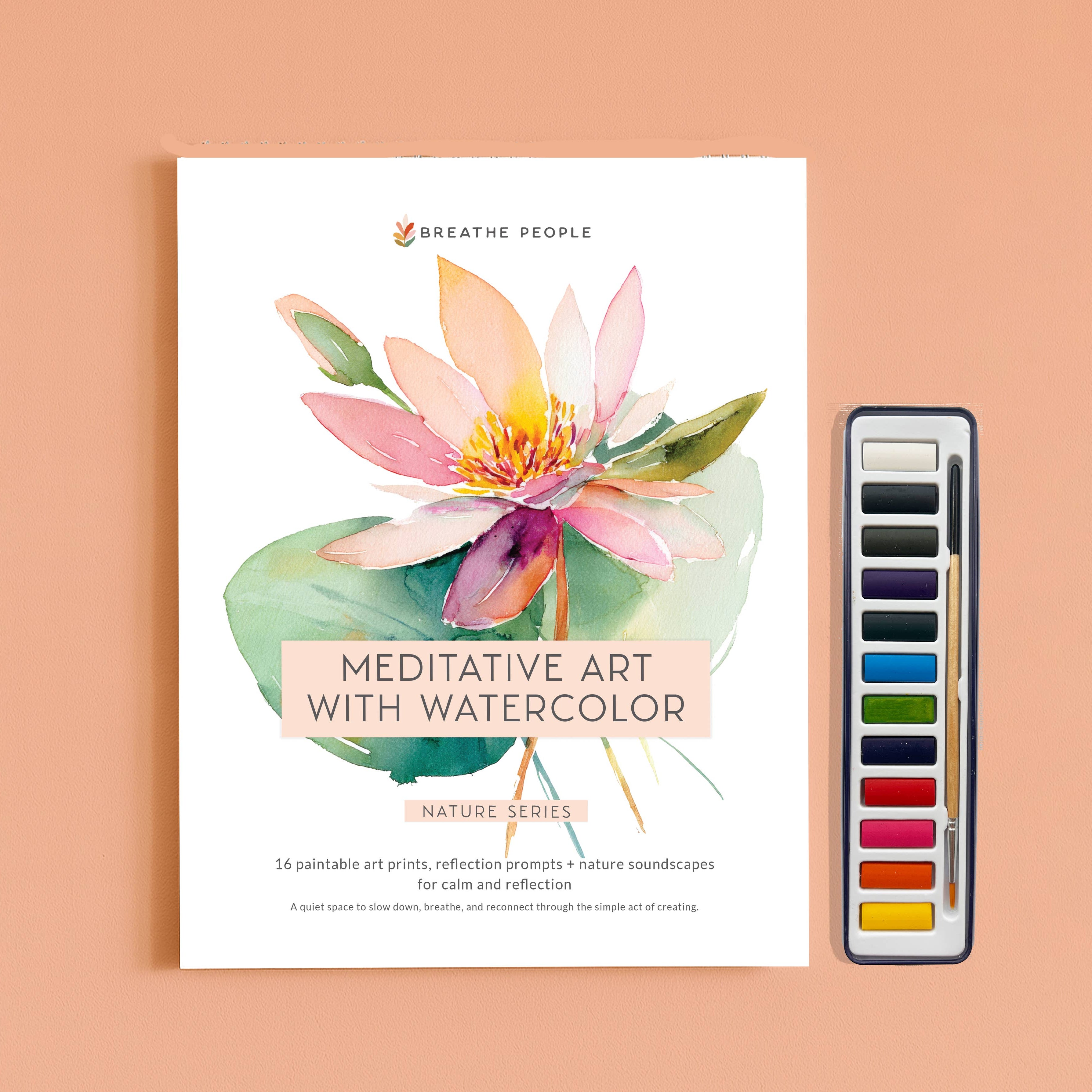 A watercolor art print titled 'Meditative Art with Watercolor' by Breathe People, displayed next to a watercolor paint palette on a solid peach background.