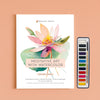 A watercolor art print titled 'Meditative Art with Watercolor' by Breathe People, displayed next to a watercolor paint palette on a solid peach background.