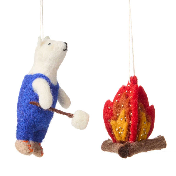 Cozy Bear & Campfire Ornament Set