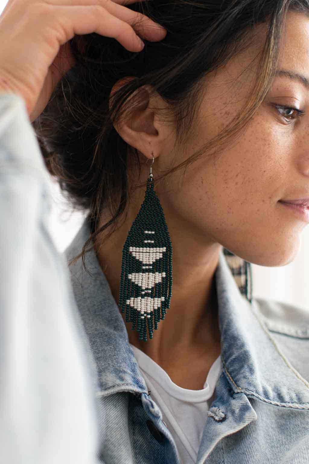 Beaded Fringe Earrings: Jade