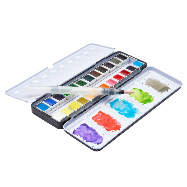 Watercolor Half Pans Tin – 24 Colors & Water Brush