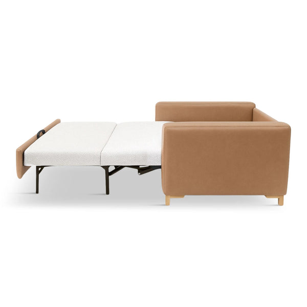 Open brown leather sofa bed on white background