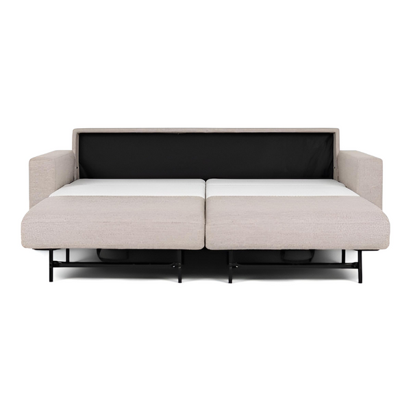 Open grey sleeper sofa on white background.