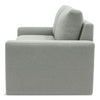 Side view of grey sofa on white background