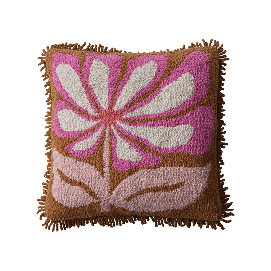 Flower & Fringe Punch Hook Accent Pillow