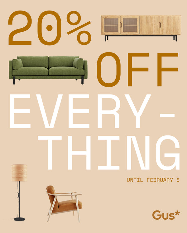Promotional poster for a furniture sale with discount text and images of furniture.