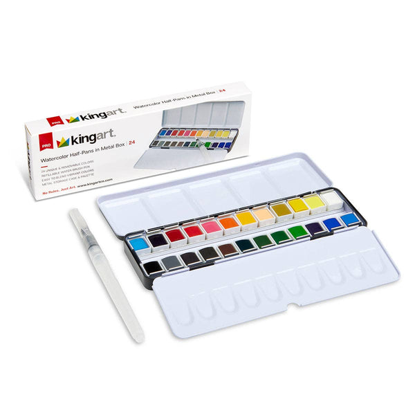 Watercolor Half Pans Tin – 24 Colors & Water Brush