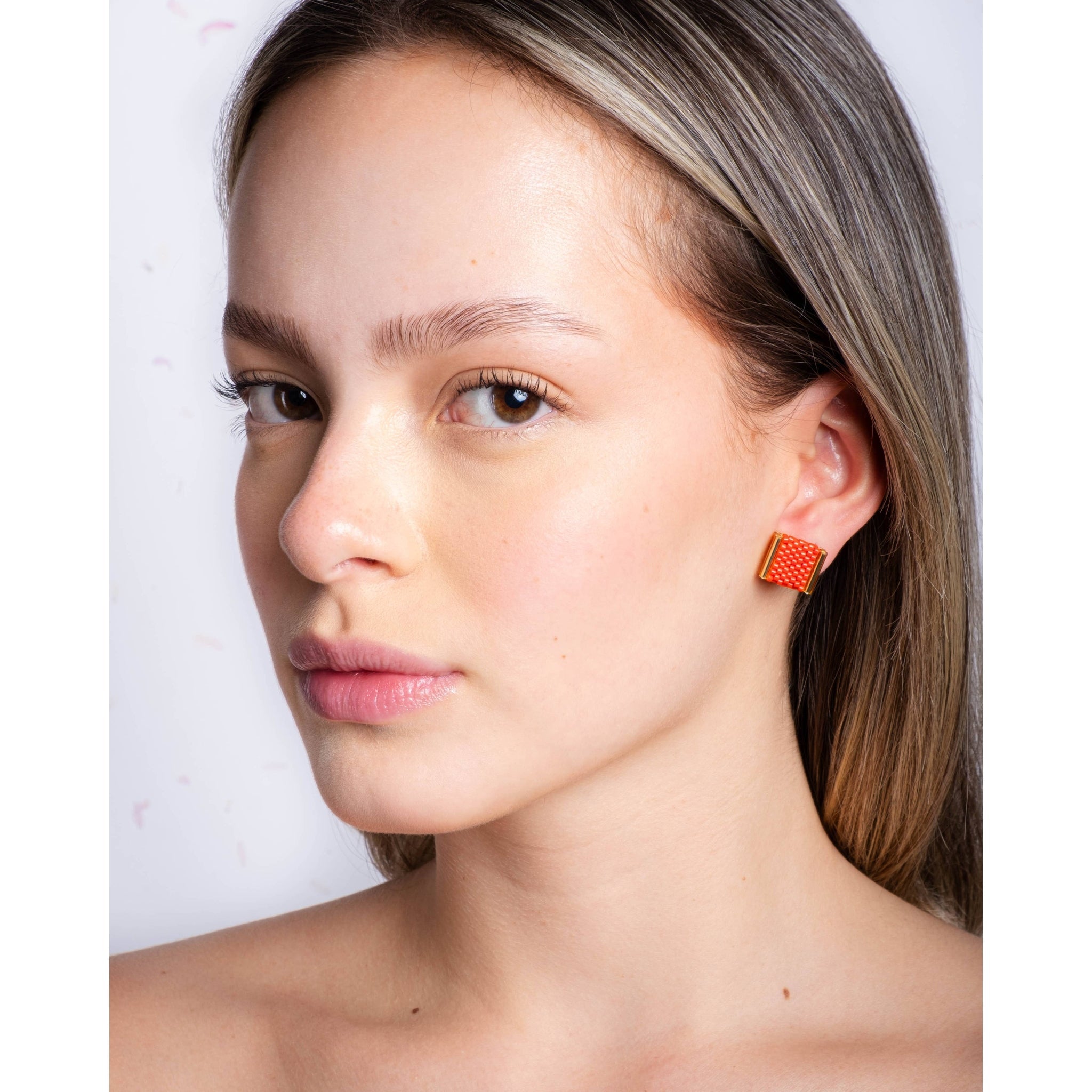 Beaded Tulip Stud Earrings (Teal/Rust) - DIGS