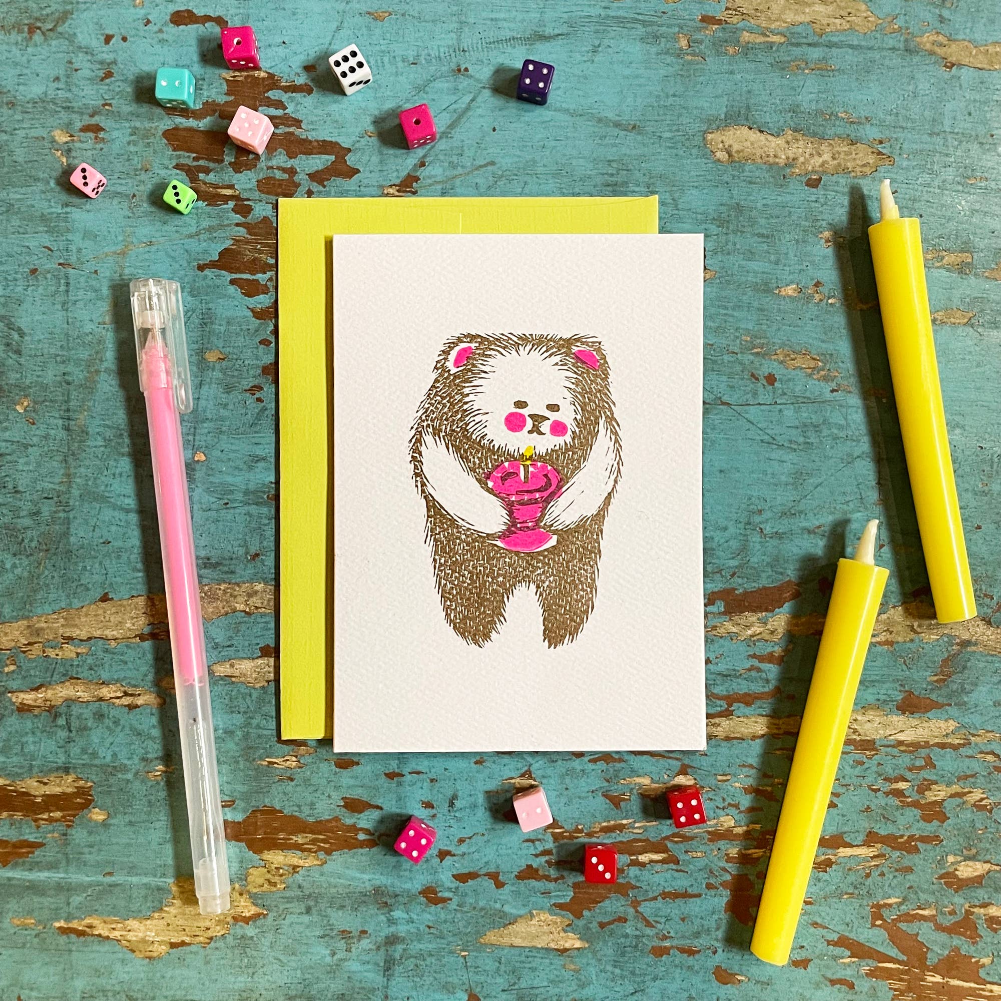 Bear with Cake Linocut Card - DIGS