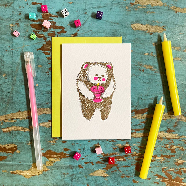 Bear with Cake Linocut Card - DIGS