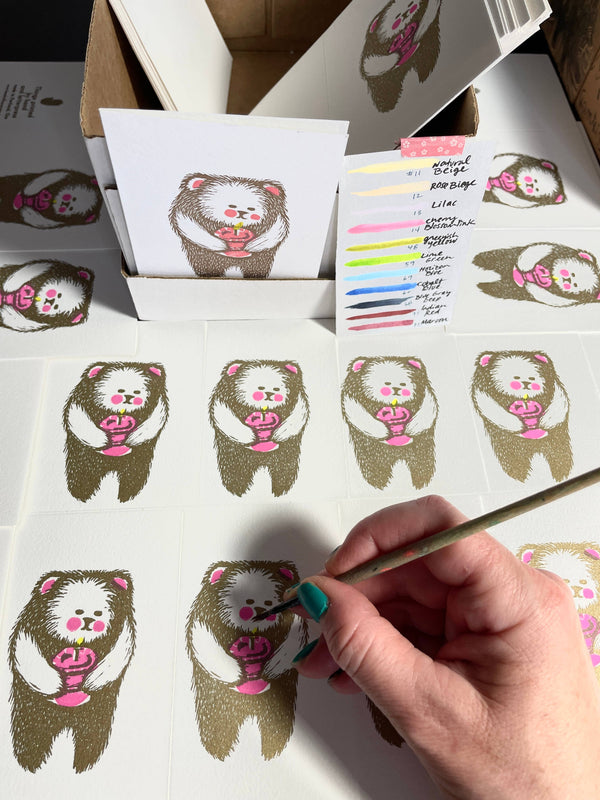 Bear with Cake Linocut Card - DIGS