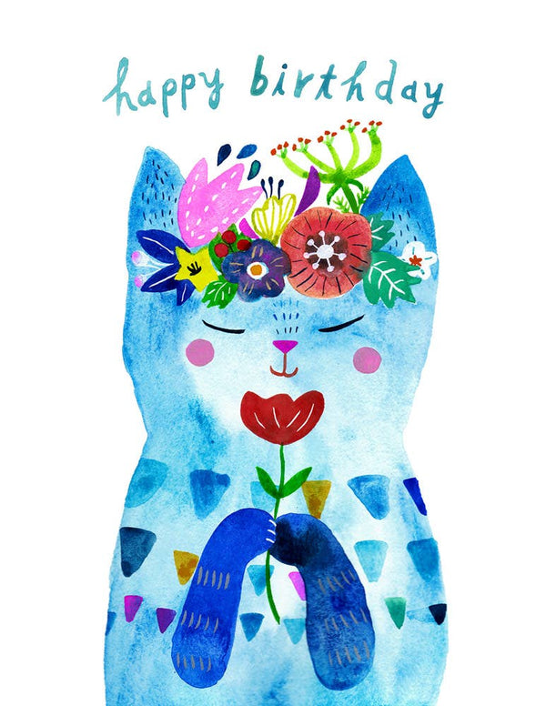 Blue Kitty with Flower Birthday Card - DIGS