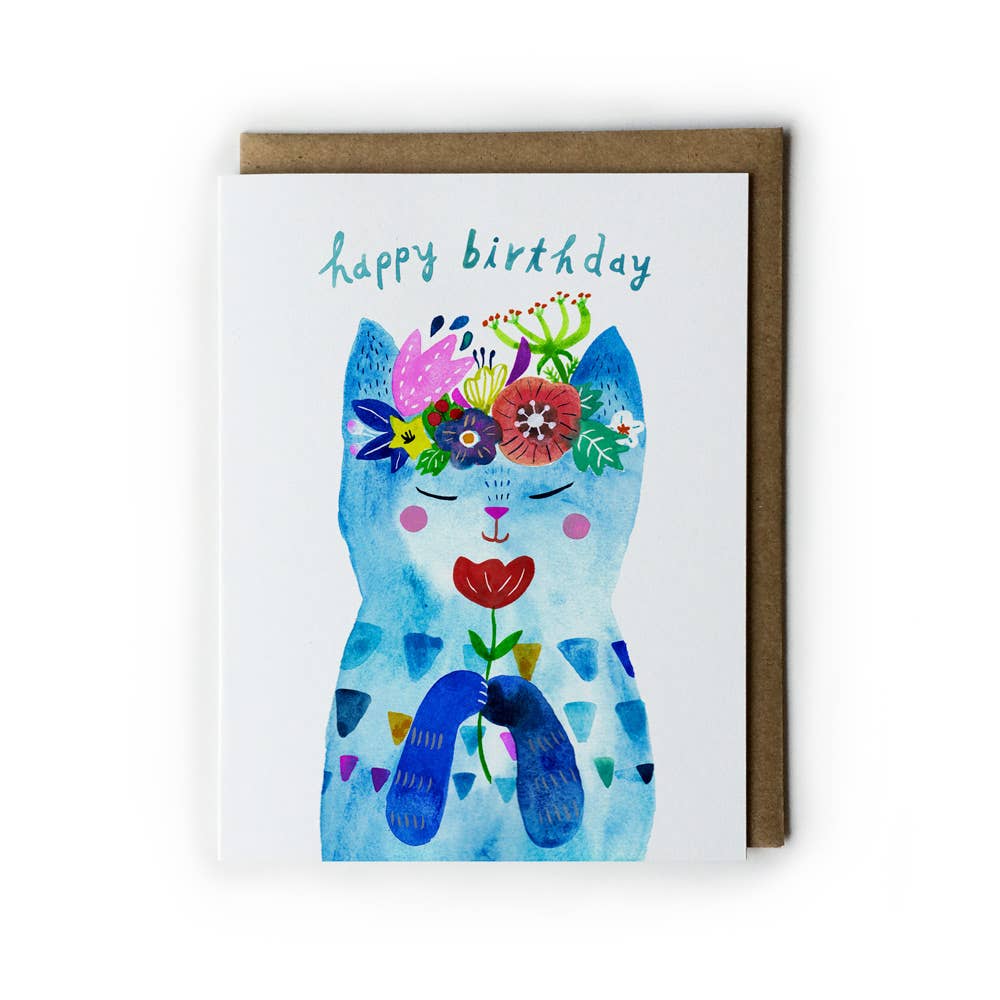 Blue Kitty with Flower Birthday Card - DIGS