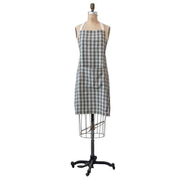 Brown & Cream Check Cotton Apron w/ Pocket - DIGS
