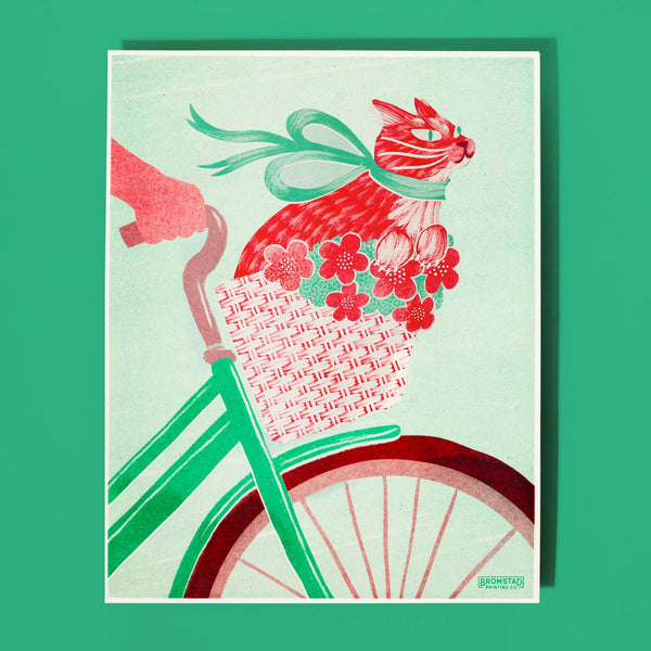 Cat in a Bike Basket Risograph Art Print - DIGS