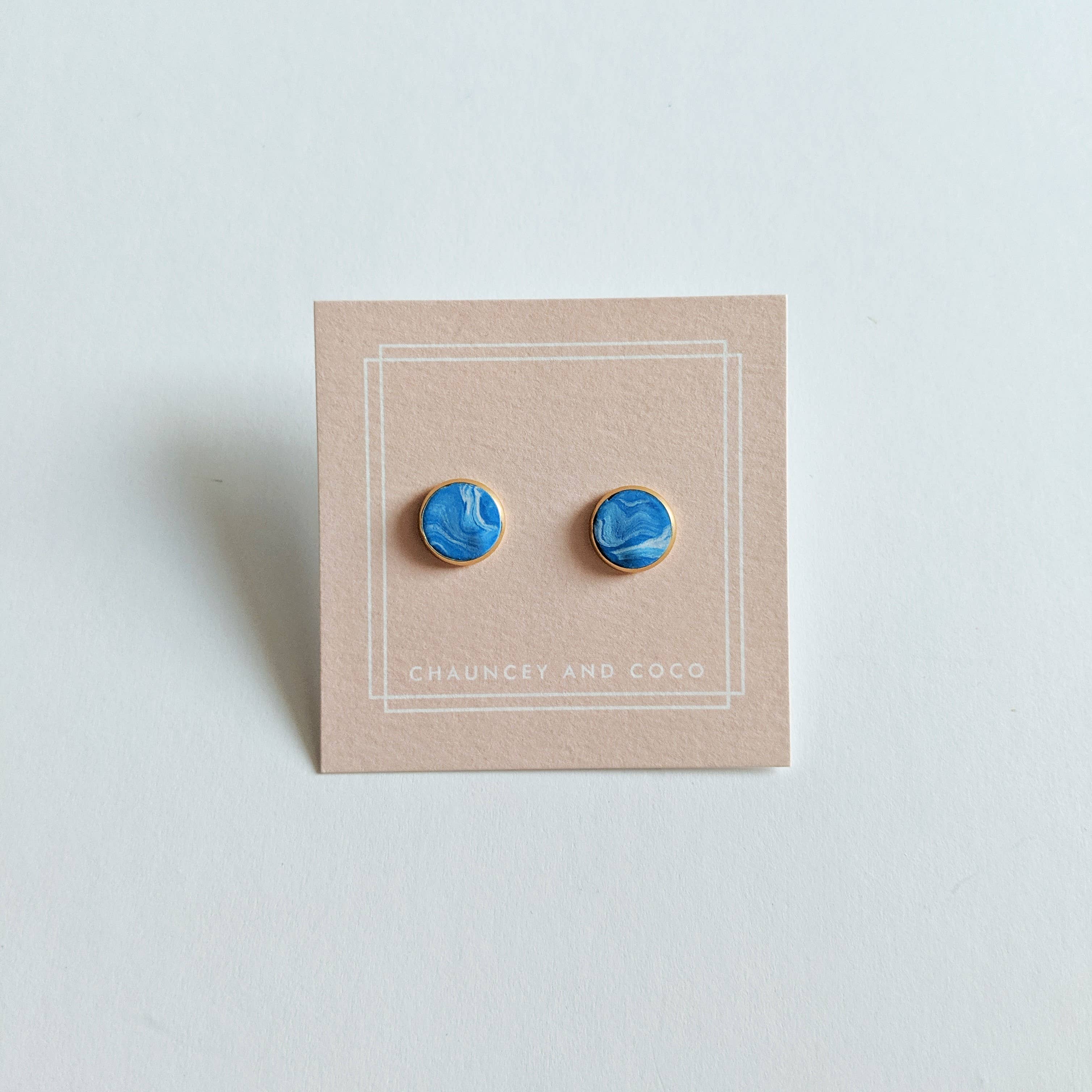 Circular Clay Stud Earrings - Ocean Blue Marble - DIGS