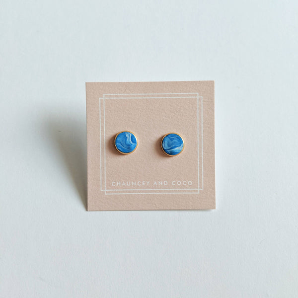 Circular Clay Stud Earrings - Ocean Blue Marble - DIGS