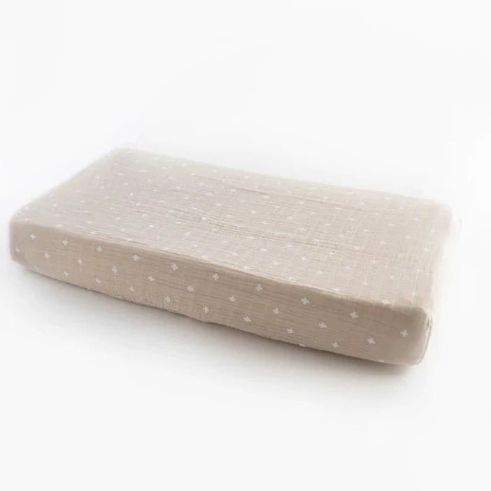 Cotton Muslin Changing Pad Cover: Taupe Cross - DIGS