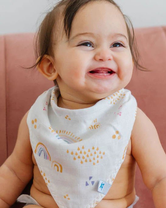 Deluxe Muslin Reversible Bandana Bib: Rainbows & Raindrops - DIGS