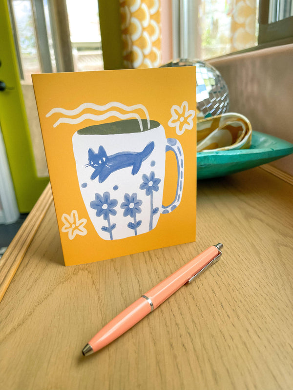 Blue Flower Cat Mug Blank Greeting Card
