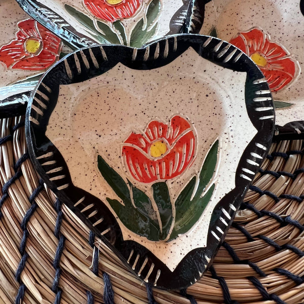 Floral Sgraffito Heart Trinket Dish - DIGS