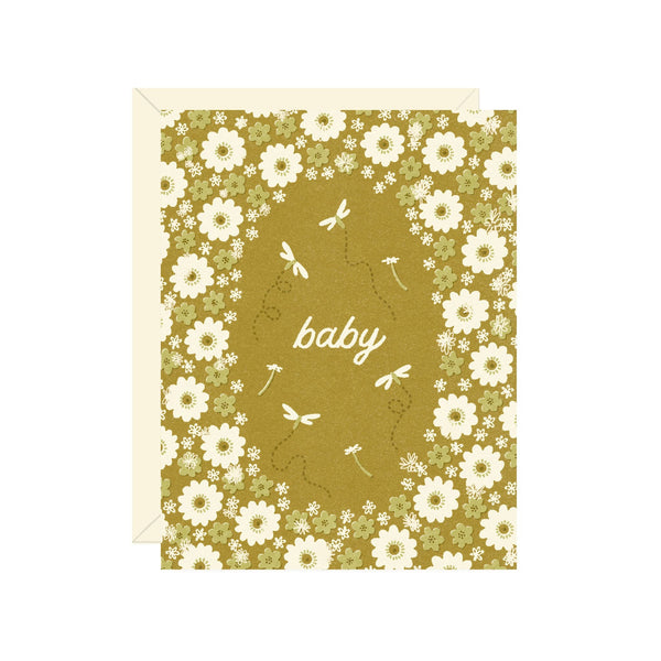 Flowers and Dragonflies Baby Greeting Card - DIGS