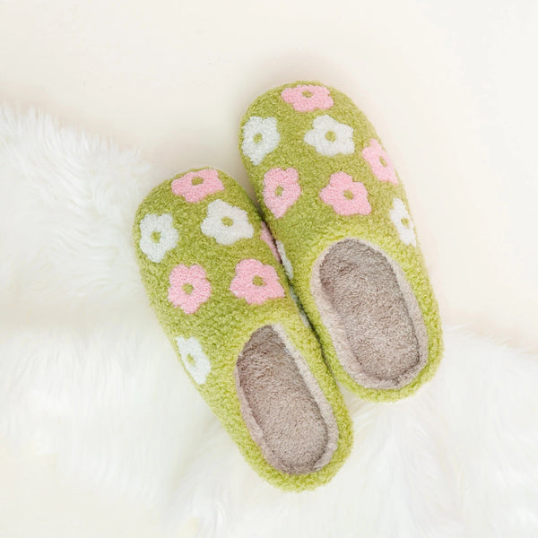 Fuzzy Slippers - Green Flower - DIGS
