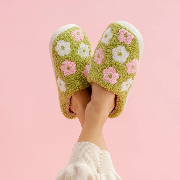 Fuzzy Slippers - Green Flower - DIGS