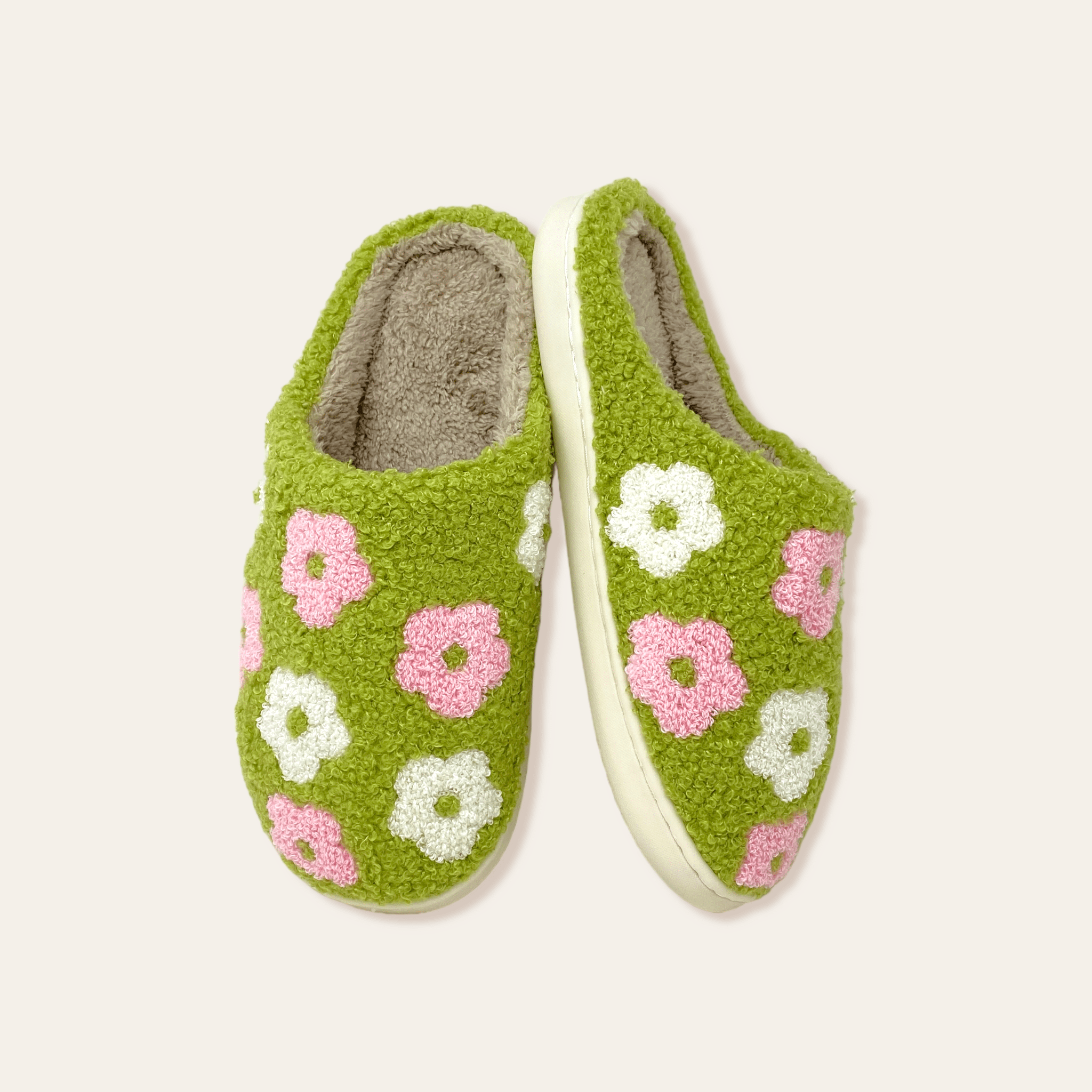Fuzzy Slippers - Green Flower - DIGS