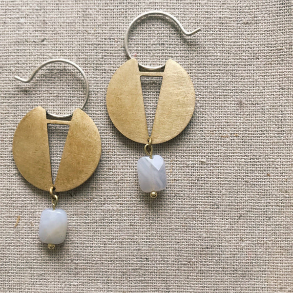 Geo Brass Disc Hoops with Aquamarine - DIGS