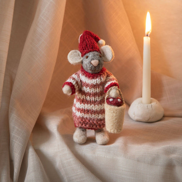 Grey Mouse in Dress w/Mushroom Bucket Ornament - DIGS