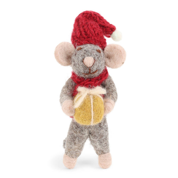 Grey Mouse w/Gold Present Ornament - DIGS