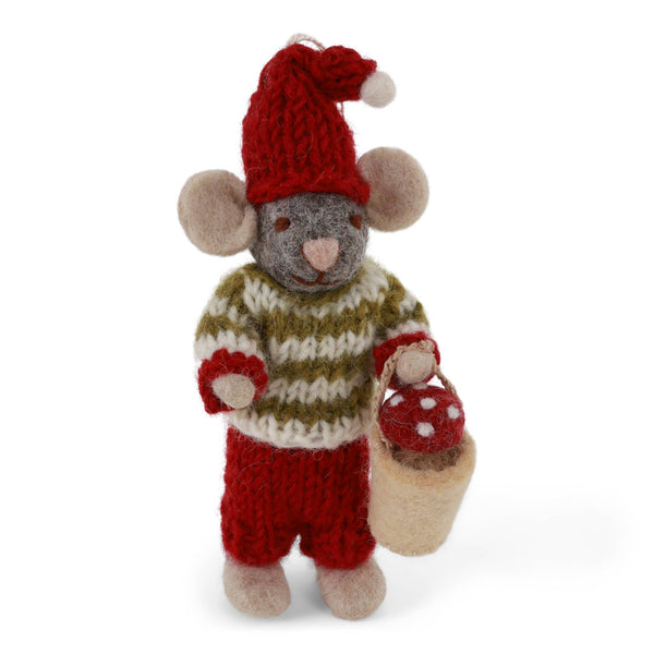 Grey Mouse w/Mushroom in Bucket Ornament - DIGS