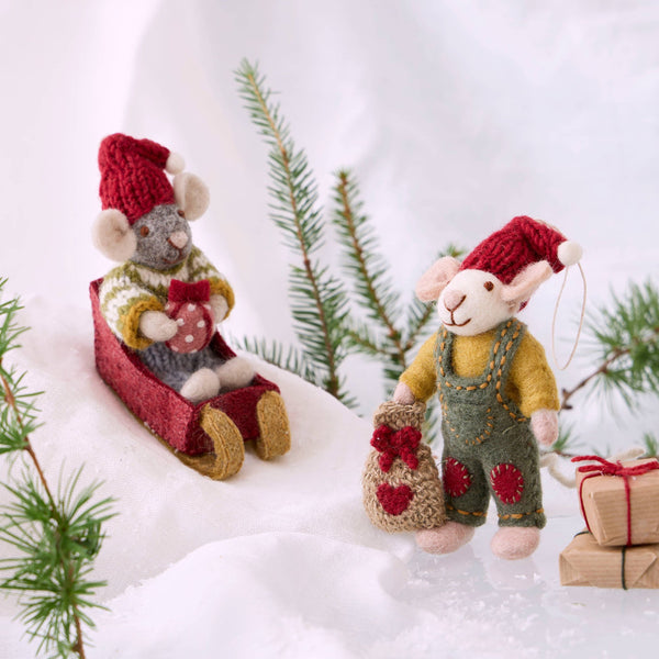 Grey Mouse w/Sled Ornament - DIGS