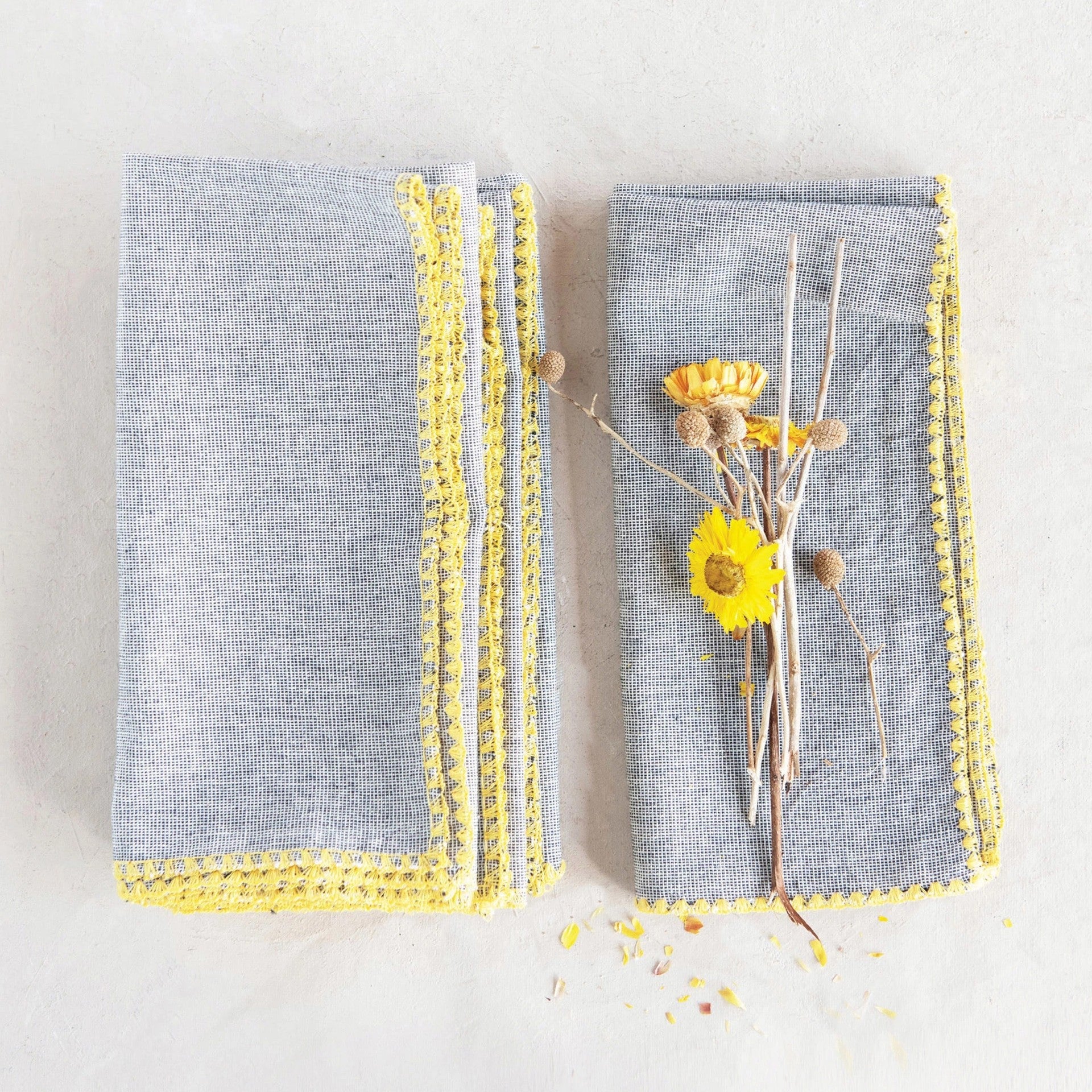 Grey Napkins w/ Yellow Embroidered Edge - DIGS