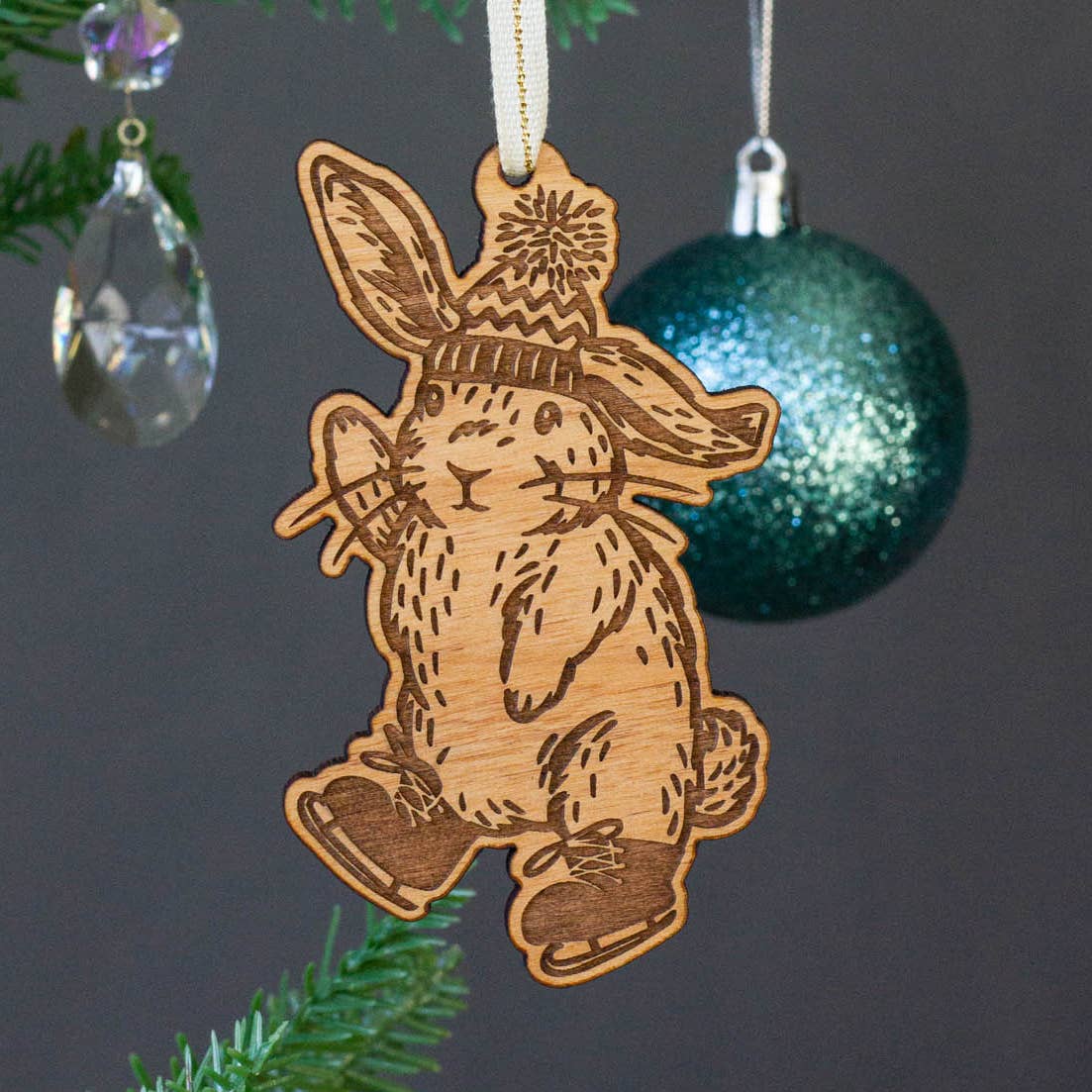 Ice Skating Bunny Wood Ornament - DIGS