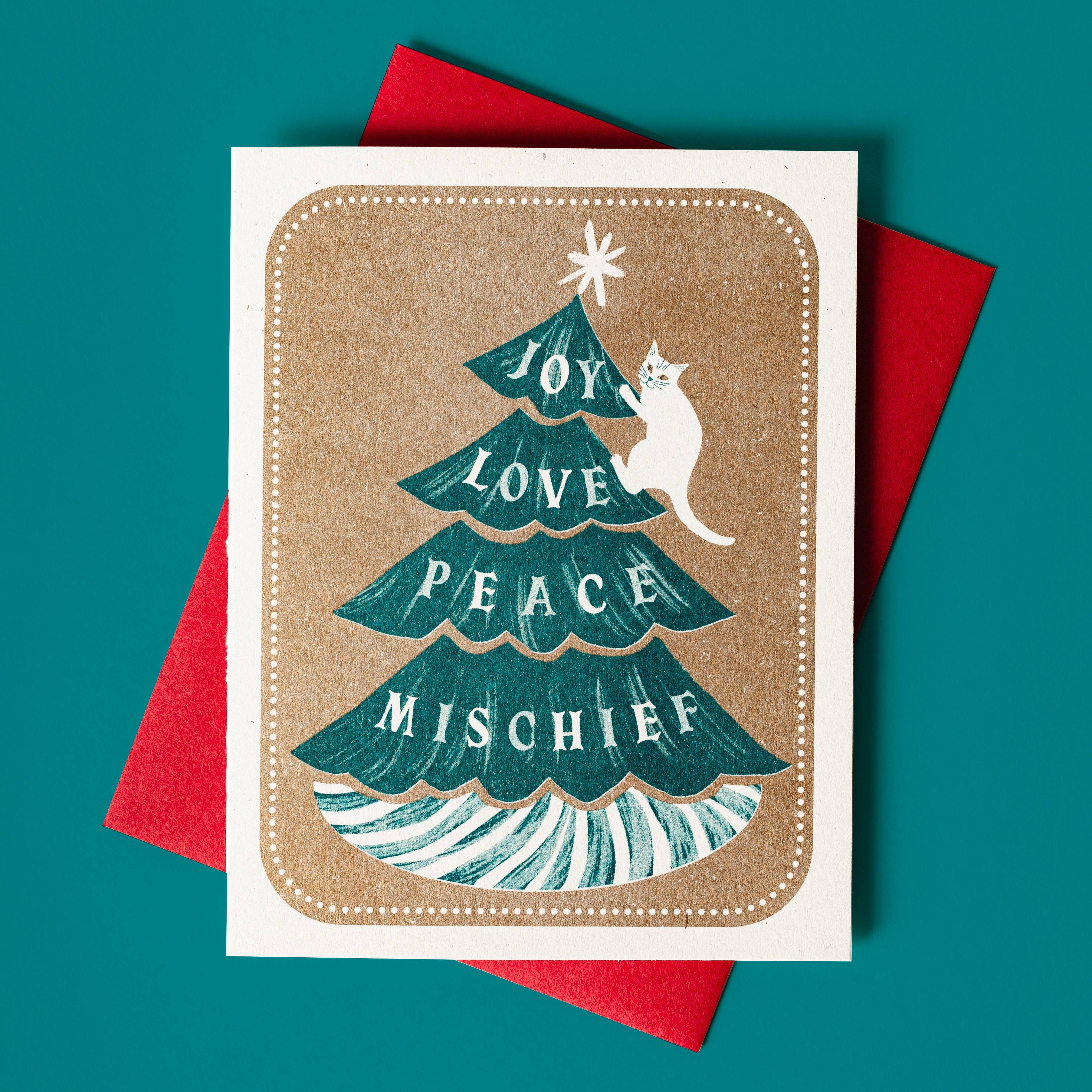 Joy Love Peace Mischief Cat Holiday Card - DIGS
