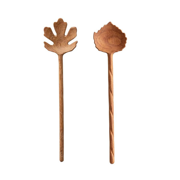 Carved Doussie Wood Leaf Shaped Salad Servers, Set of 2 - Thumbnail 2