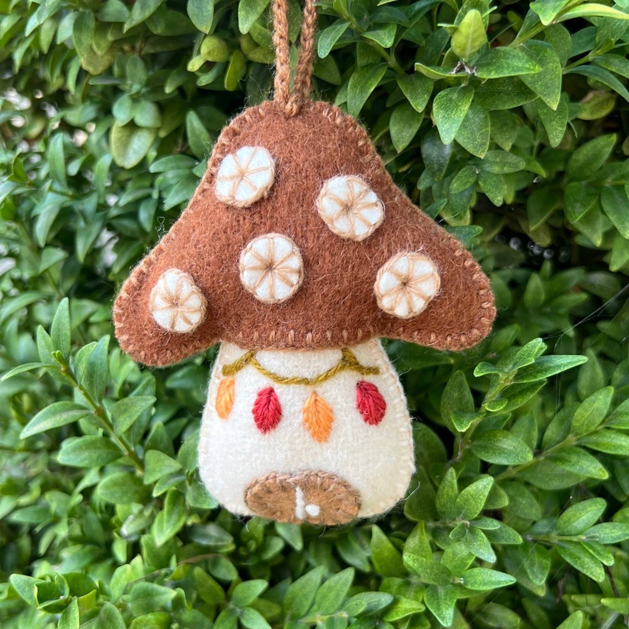 Mushroom House Embroidered Wool Ornament - DIGS