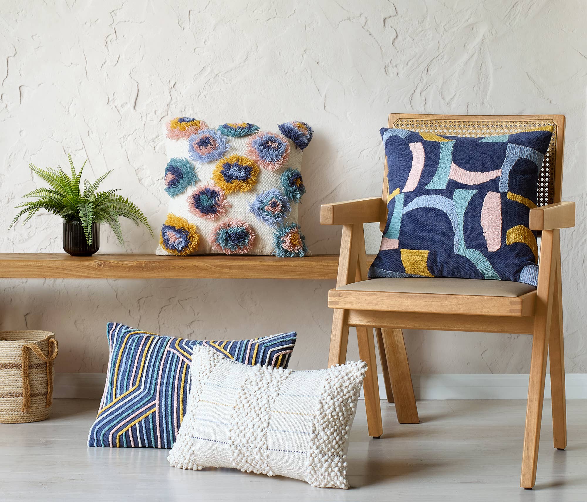 Navy & Bright Shapes Embroidered Pillow - DIGS
