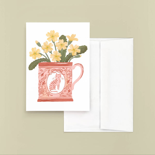 Pink Teacup with Primrose Flowers Card - DIGS