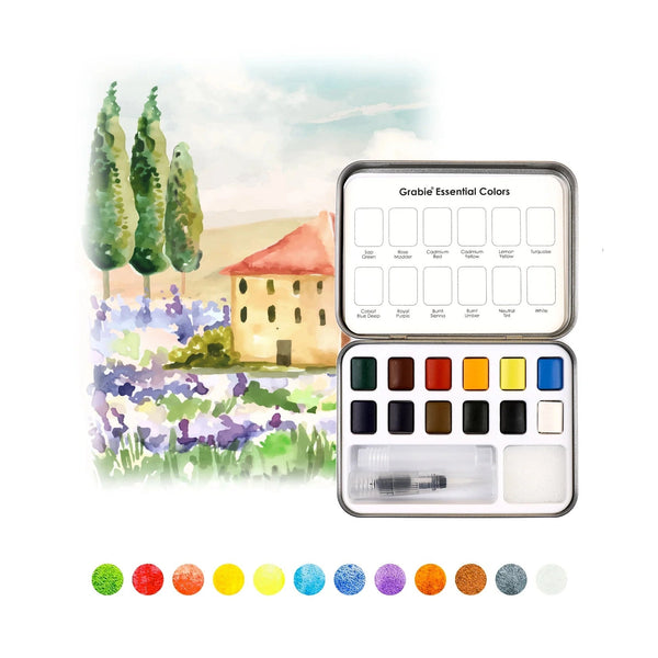 Pocket Watercolor Set of 12 with Brush: Essential Colors - DIGS